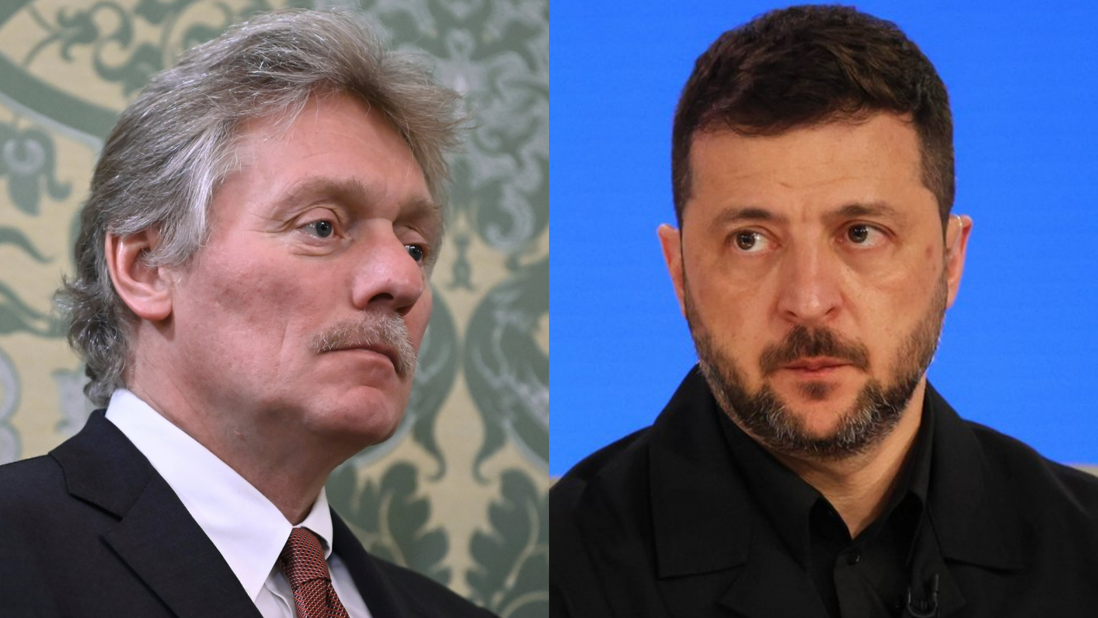 Hovorca Kremľa Dmitrij Peskov a ukrajinský prezident Volodymyr Zelenskyj.