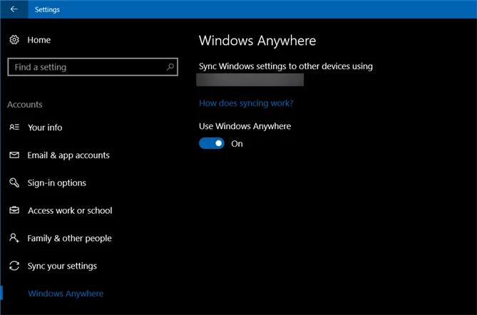 Windows Anywhere w ustawieniach Windows 10 build 14926