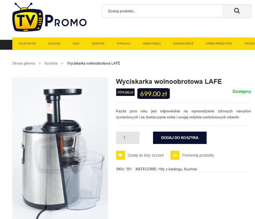 Wyciskarka wolnoobrotowa LAFE na stronie firmy jest przeceniona z 999 złotych na 699