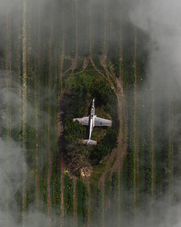 Podróżnik latał dronem nad Polską. Zauważył odrzutowiec w zagajniku na polu