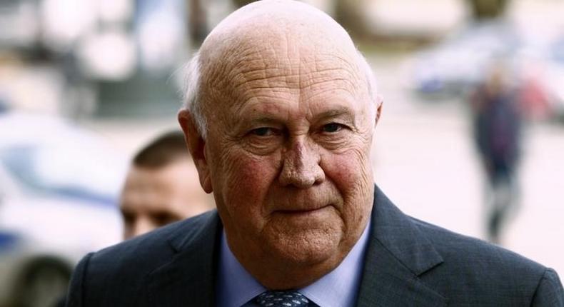 South Africa's former president Frederik Willem de Klerk arrives at a news conference one day ahead of the 13th World Summit of Nobel Peace Prize Laureates in Warsaw October 20, 2013. REUTERS/Kacper Pempel