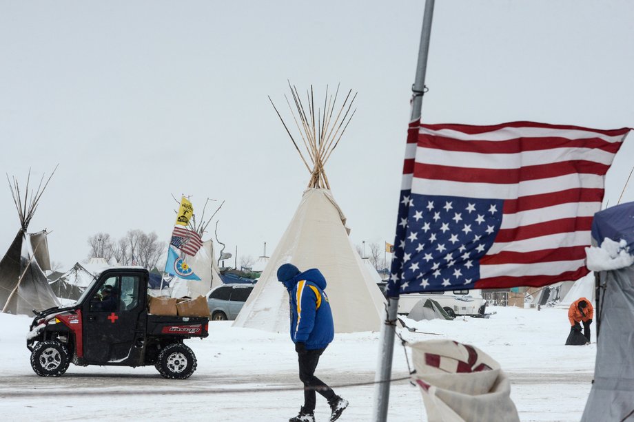 The Oceti Sakowin camp is seen in a snow storm during a protest against plans to pass the Dakota Access pipeline near the Standing Rock Indian Reservation, near Cannon Ball, North Dakota, U.S. November 29, 2016.