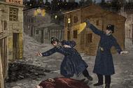Ilustracja z „Le Petit Parisien z 1891 r. przedstawiająca zbrodnię popełnioną przez Kubę Rozpruwacza w londyńskiej dzielnicy Whitechapel