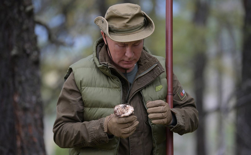 Władimir Putin na urlopie. Prezydent Rosji zbiera grzyby na Syberii [ZDJĘCIA]