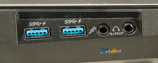 Lewa strona: gniazda USB 3.0, mikrofonowe oraz słuchawkowe, będące jednocześnie złączem S/PDIF