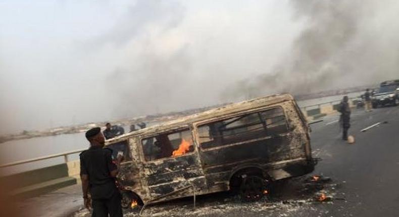 Commercial bus burns killing one