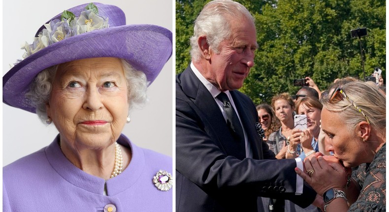 Queen Elizabeth II photographed in June 2012, left, and a well-wisher kisses King Charles' hand in September 2022, right.Chris Jackson/Getty Images, Yui Mok/WPA Pool/Getty Images