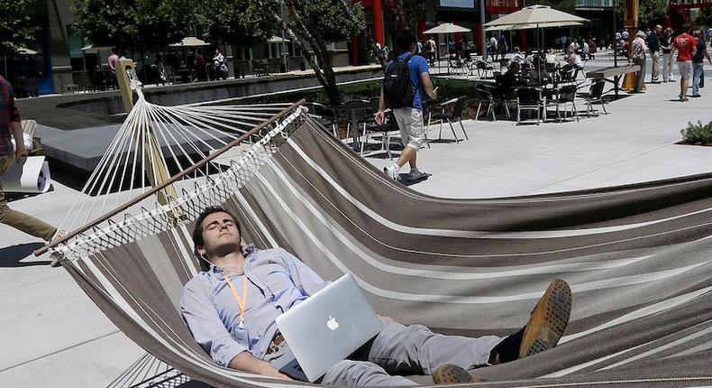 A Facebook partner lounges on Facebook's Menlo Park, California, campus.