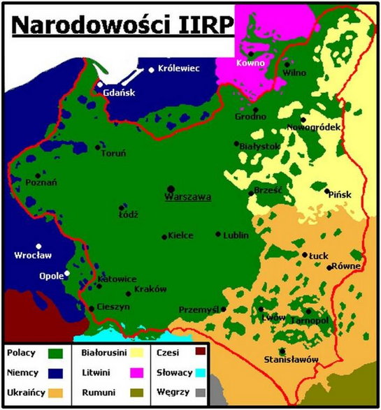 Mapa prezentuje rozmieszczenie różnych narodów zamieszkujących II Rzeczpospolitą. Polacy i Ukraińcy sąsiadowali ze sobą na całych kresach południowo-wschodnich.