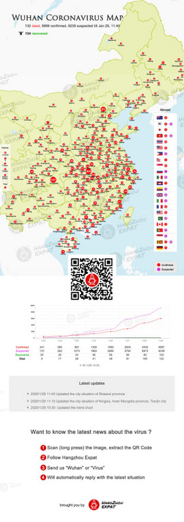 Mapa z chińskich mediów społecznościowych, na której zaznaczane są ogniska koronawirusa