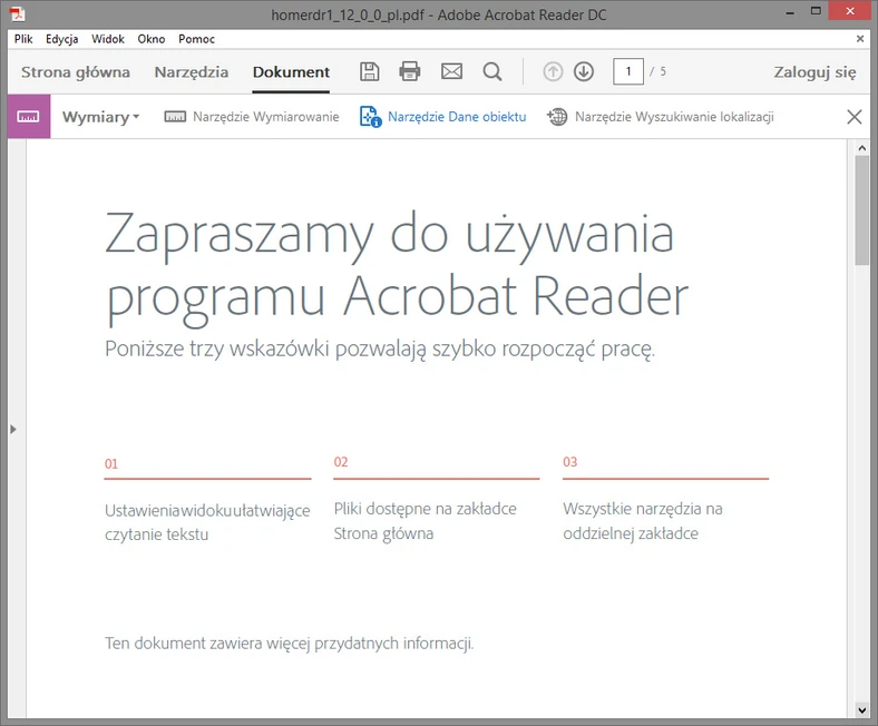 Tak prezentuje się interfejs użytkownika w czytniku Adobe Acrobat Reader DC