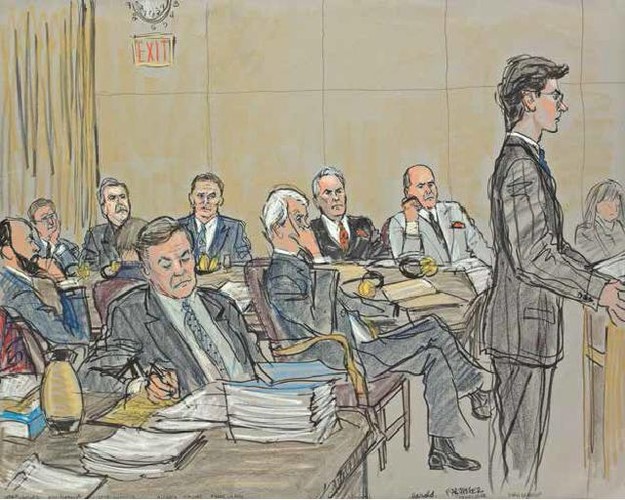 John Gotti, boss nowojorskiej mafii Gambino (pierwszy od lewej) wraz członkami swojej rodziny i adwokatem, 1987. / rys. Elizabeth Williams