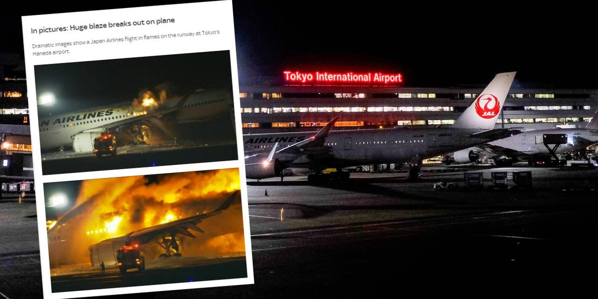 Na małym zdjęciu: płonący samolot (fot. news.sky.com). W tle: lotnisko Haneda wTokio