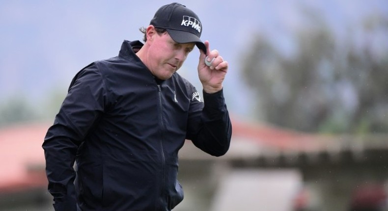 Phil Mickelson reacts to his par putt on the second hole during the first round of the Career Builder Challenge in Partnership with The Clinton Foundation at La Quinta Country Club on January 19, 2017 in La Quinta, California