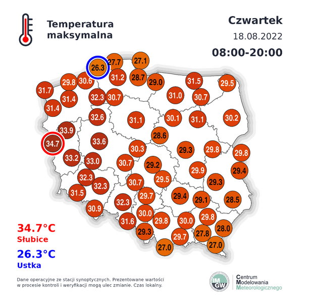 Temperatura maksymalna w Polsce w czwartek, 18 sierpnia