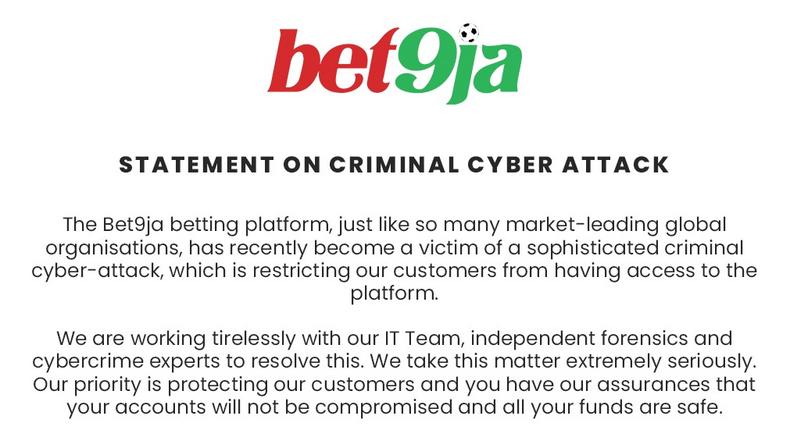 Bet9ja: Statement on criminal cyber attack