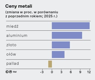 Ceny metali (zmiana w proc. w porównaniu z poprzednim rokiem; 2025 r.)
