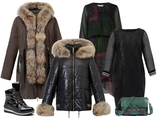 Modne STYLIZACJE na ferie 2019: sukienka czarna – Midori Feminine Fashion/midori.pl, sukienka zielona z wzorem – Modern Line/moderline.pl, płaszcz z metalizowanymi kieszeniami – Boca/boca.pl, kurtka puchowa – Boca/boca.pl, torebka – Boca/boca.pl, śniegowce – Caprice/caprice.pl