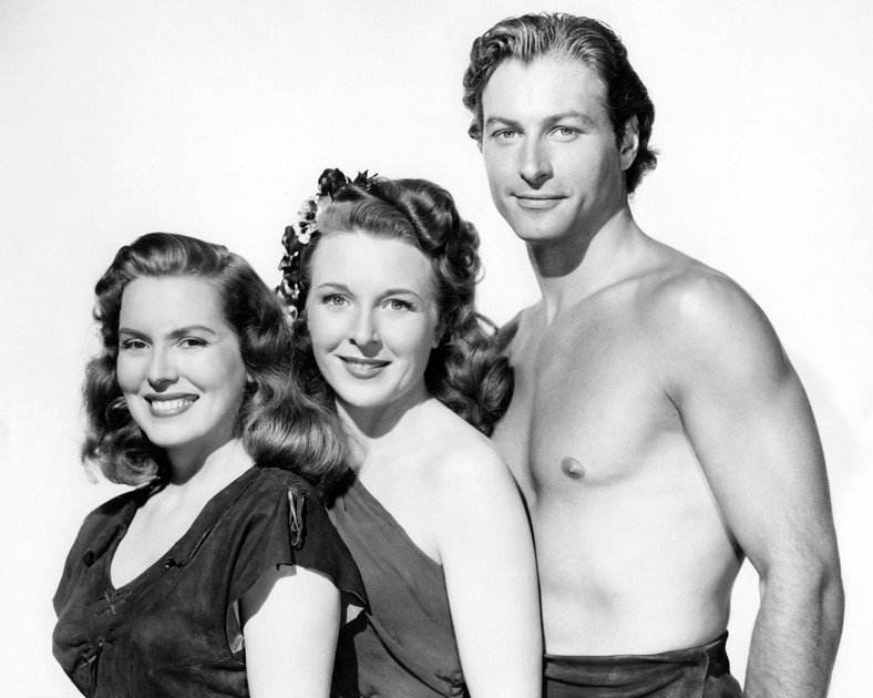 Brenda Joyce, Evelyn Ankers i Lex Barker na plakacie promującym film "Tarzan's Magic Fountain"