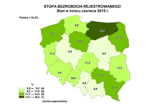 Stopa bezrobocia na koniec czerwca 2015, źródło: GUS