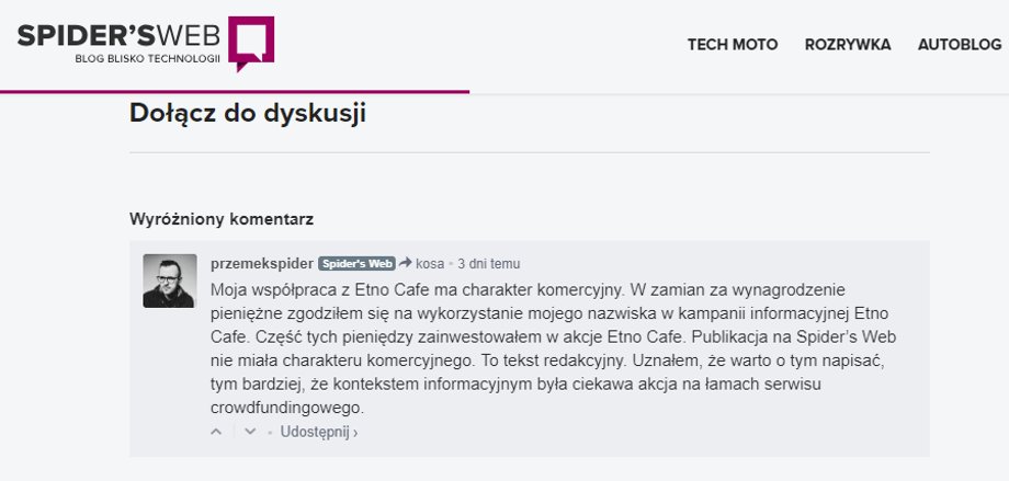 Komentarz Przemysława Pająka pod tekstem pt. "Zainwestowałem w Etno Cafe. Ty też możesz".