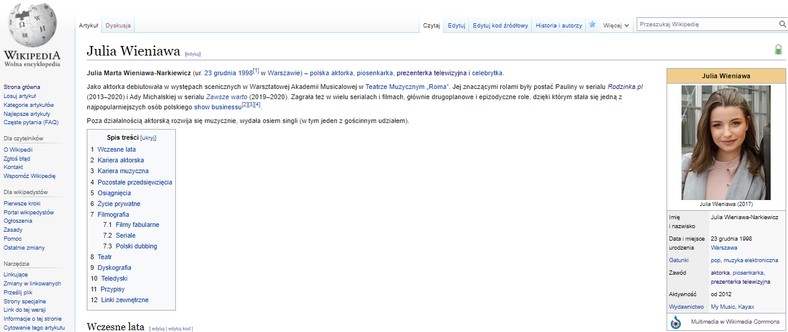 Dotychczasowy wygląd biogramu Julii Wieniawy na Wikipedii