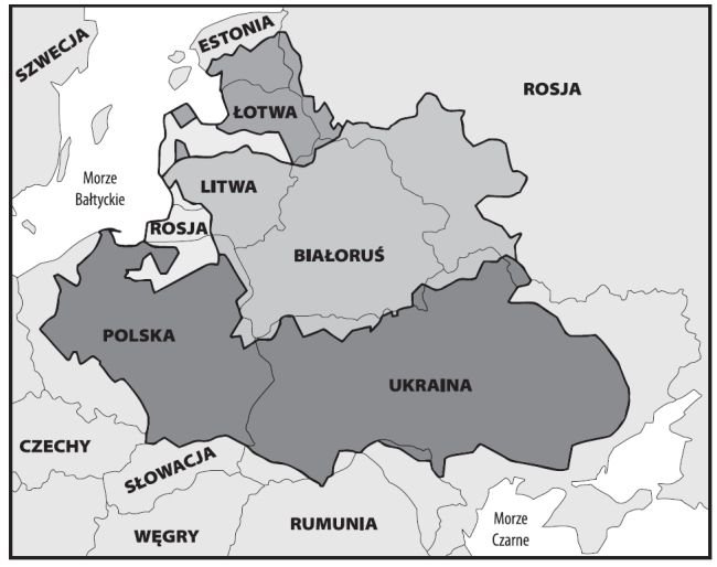 Mapa Rzeczypospolitej Obojga Narodów (1619) nałożona na współczesną mapę Europy. Jak widać, przeważającą część terytorium Wielkiego Księstwa Litewskiego (oznaczonego kolorem jasnoszarym obecnie zajmuje Republika Białorusi (ryc. Piotr Pielach; mapa zamieszczona w e-booku "Źródła nienawiści. Konflikty etniczne w krajach postkomunistycznych").