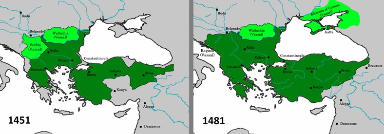 Terytorium Imperium Osmańskiego przed i pod koniec panowania Mehmeda II Zdobywcy. Prowadząc walkę na kilku frontach zdobył nowe ziemie dla swojego państwa 