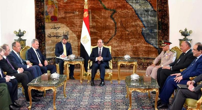 A handout picture provided by the Egyptian Presidency on May 29, 2017 shows Egyptian President Abdel Fattah al-Sisi meeting with Russia's Defence Minister Sergei Shoigu and Russian Foreign Minister Sergei Lavrov in Cairo