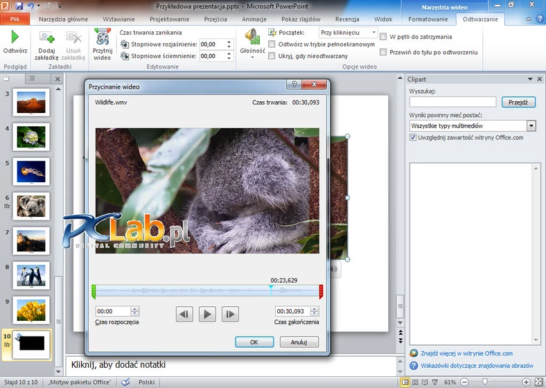 MS PowerPoint 2010 – funkcje edycji wideo (kliknij, aby powiększyć)
