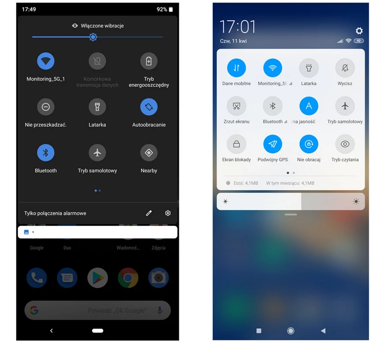 Panel powiadomień i szybkich ustawień Android One i MIUI 10