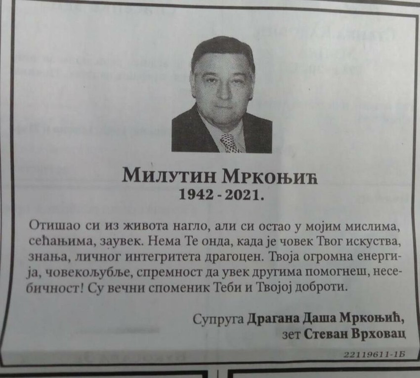 Milutin Mrkonjić - čitulja supruge Daše 