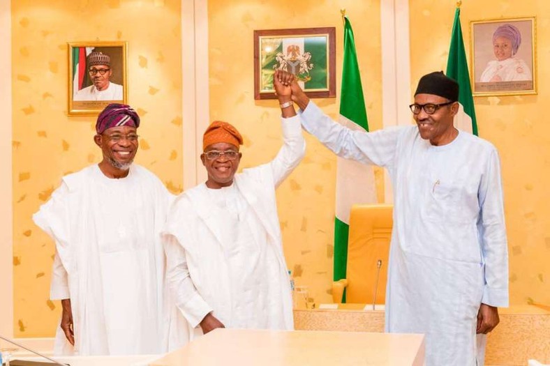 L-R: Osun State governor, Rauf Aregbesola, APC governorship candidate, Gboyega Oyetola, and President Muhammadu Buhari. Oyetola is hosted at the villa after his election win (Presidency)  