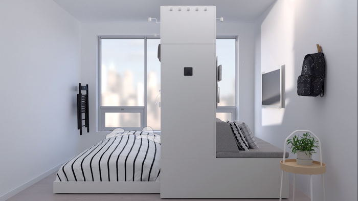 Ruchoma meblościanka od IKEA. W niej: lampka, biurko, łóżko, sofa - Noizz