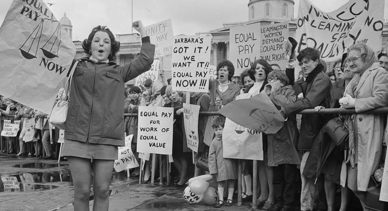 An equal pay for women demonstration in Trafalgar Square, London, 1969.
