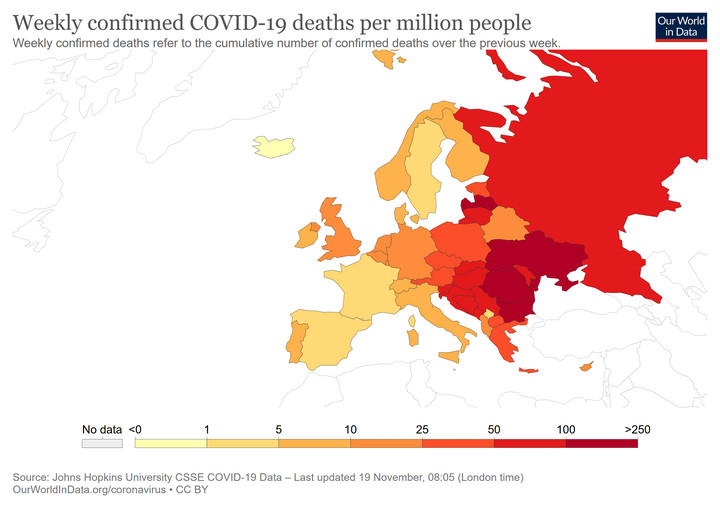 COVID-19 w Europie. Zgony na milion mieszkańców w ujęciu tygodniowym