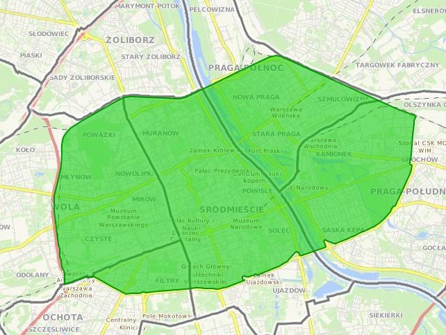 Strefa Czystego Transportu w Warszawie. Źródło: Serwis mapowy UM w Warszawie