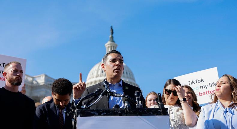 Rep. Robert Garcia, along with fellow Democratic Reps. Maxwell Frost and Delia Ramirez, spoke out against the TikTok bill at a Tuesday press conference.Anna Moneymaker/Getty Images