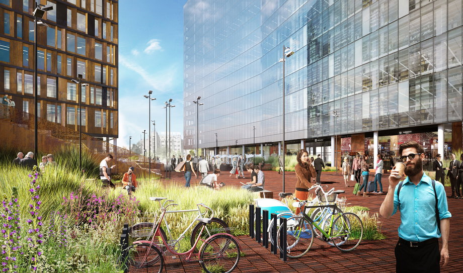 Między budynkami Bramy Łodzi przewidziano otwarte przestrzenie, wypełnione miejską zielenią, dostępne dla pracowników i mieszkańców. Ma tam też powstać parking dla 200 rowerów. 