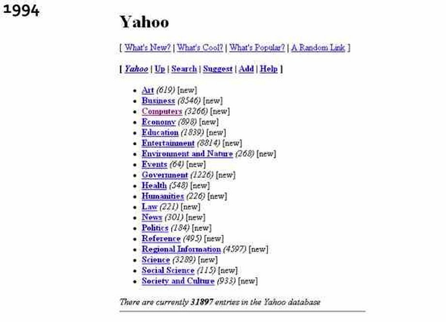 Strona Yahoo z 1994 roku
