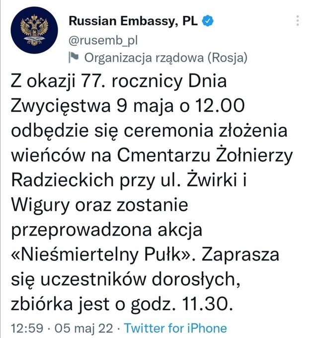 Wpis Ambasady Rosji, który już zniknął z Twittera