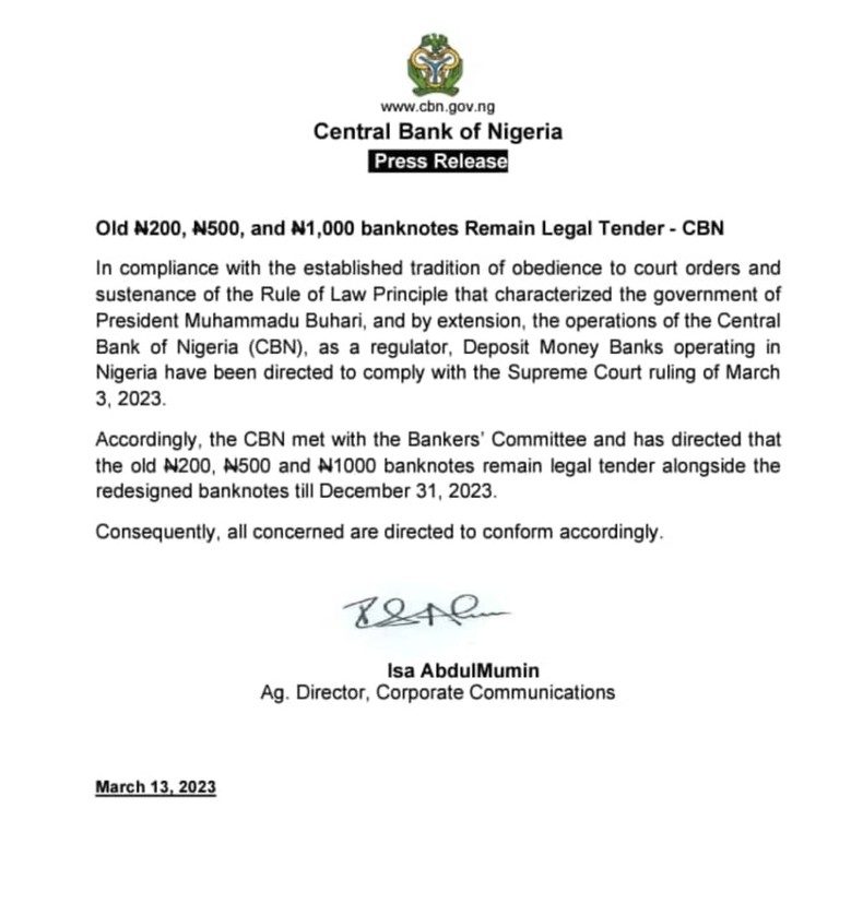 THE CBN statement reversing its policy on redesigned naira notes. (CBN)