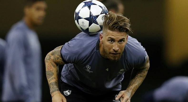 Real Madrid's captain Sergio Ramos takes part in a training session at The Principality Stadium in Cardiff, south Wales, on June 2, 2017, on the eve of their UEFA Champions League final match against Juventus