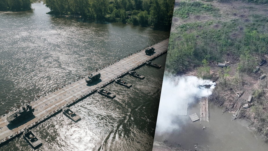 Po lewej stronie przeprawa wojsk USA przez Wisłę, po prawej porażka Rosjan na rzece Doniec