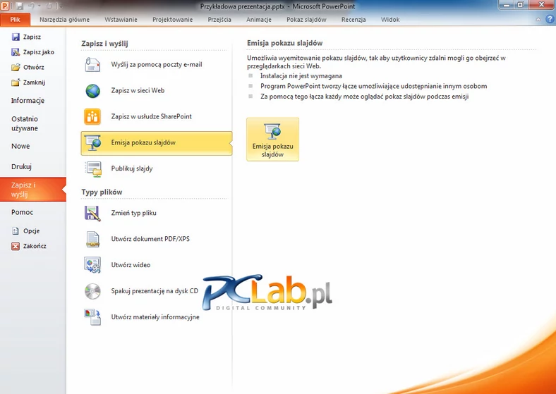 MS PowerPoint 2010 – funkcja emisji pokazu slajdów (kliknij, aby powiększyć)