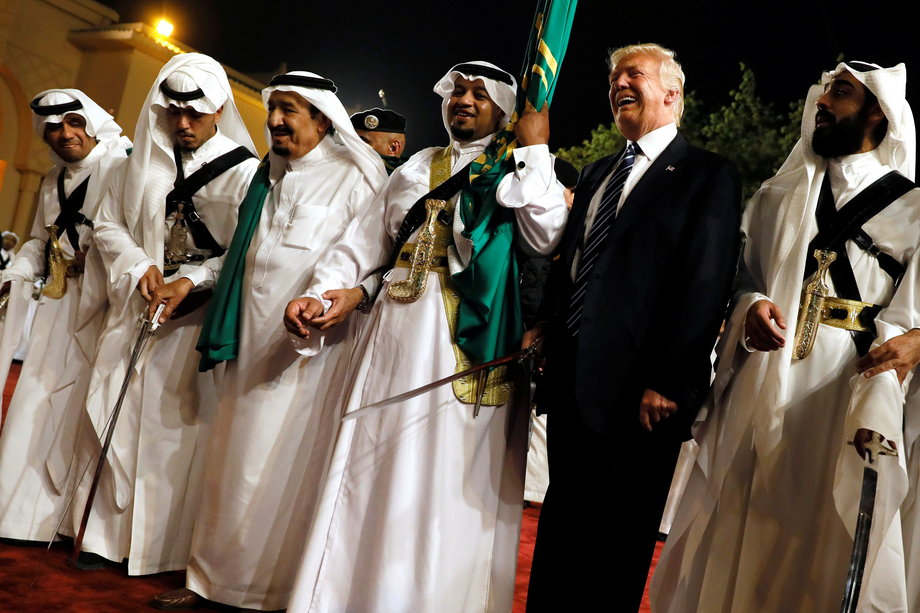 Trump dances with a sword as he arrives to a welcome ceremony by Saudi Arabia's King Salman bin Abdulaziz Al Saud at Al Murabba Palace in Riyadh, Saudi Arabia on May 20, 2017.