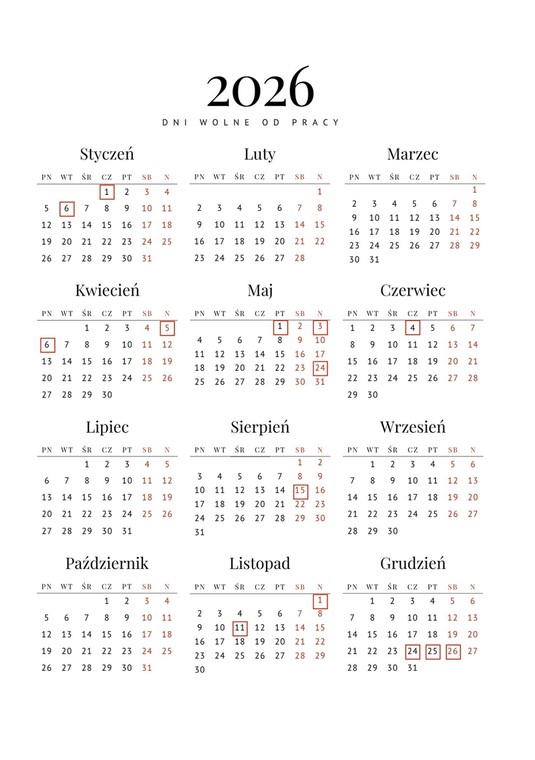 dni wolne od pracy 2026 kalendarz