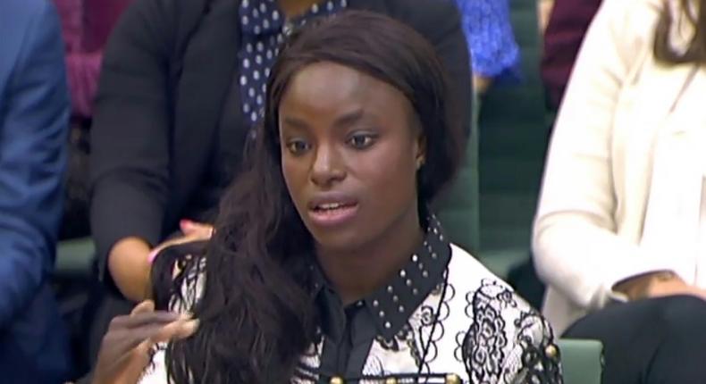 England football player Eniola Aluko gives evidence to the Houses of Parliament in London