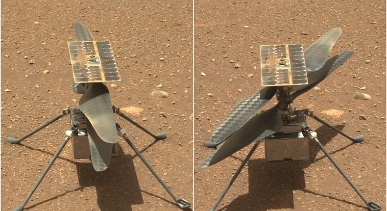 The Perseverance rover captured the Ingenuity helicopter before (left) and after spinning its rotor blades.
