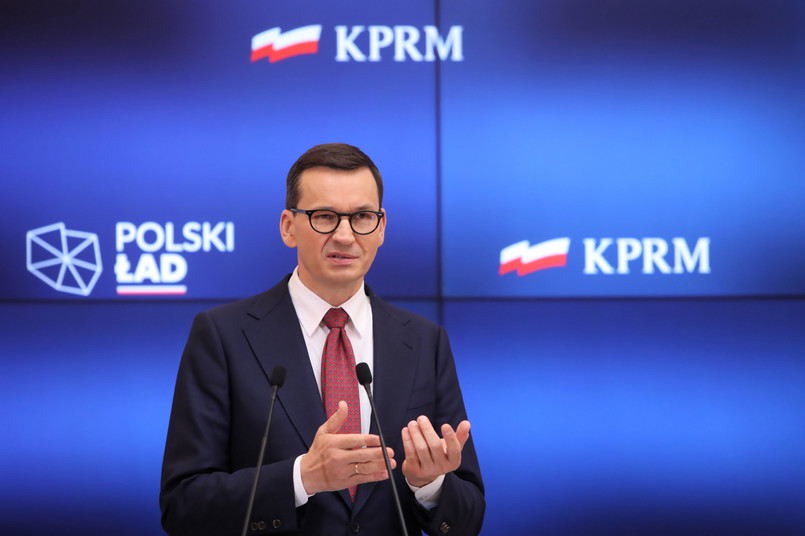 Warszawa, 21.09.2021. Premier Mateusz Morawiecki podczas konferencji prasowej w siedzibie KPRM w Warszawie, 21 bm. (sko) PAP/Wojciech Olkuśnik